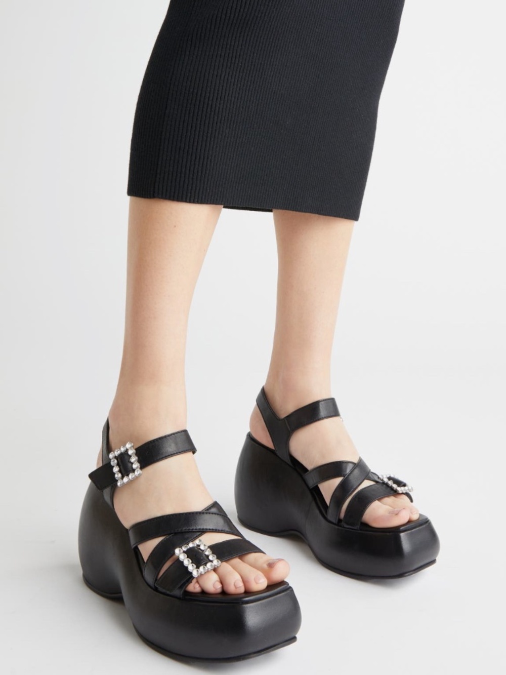 Free People Brooklyn Ankle Strap Platform Sandal in Black Leather Size 8 NWOB